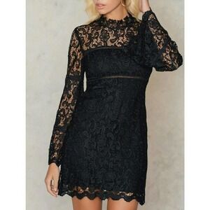 Bardot Sansa Eyelet Floral Lace Bell Sleeve High Neck A-Line Dress Black Size S